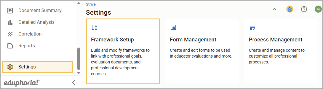 Settings menu displaying the Framework Setup option.